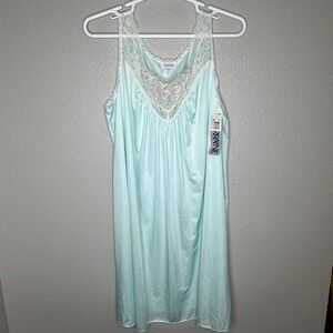 VTG Lorraine Aqua Lace Trim Nightgown Nylon Slip Dress 1X USA Coquette Pastel
